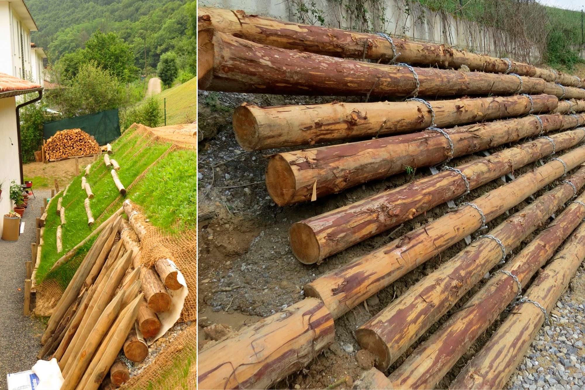 Bioconstrucción: bioingeniería sistema de contención con troncos de madera, OREKA Bioeraikuntza